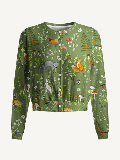 Lightweight Crew Neck Long‑Sleeve Cropped Whimsical Woodland Animals Print Fine‑Knit Cardigan