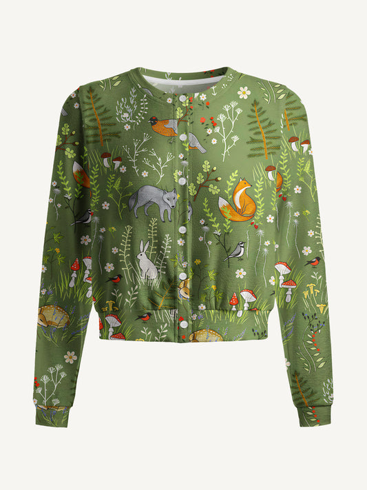 Lightweight Crew Neck Long‑Sleeve Cropped Whimsical Woodland Animals Print Fine‑Knit Cardigan