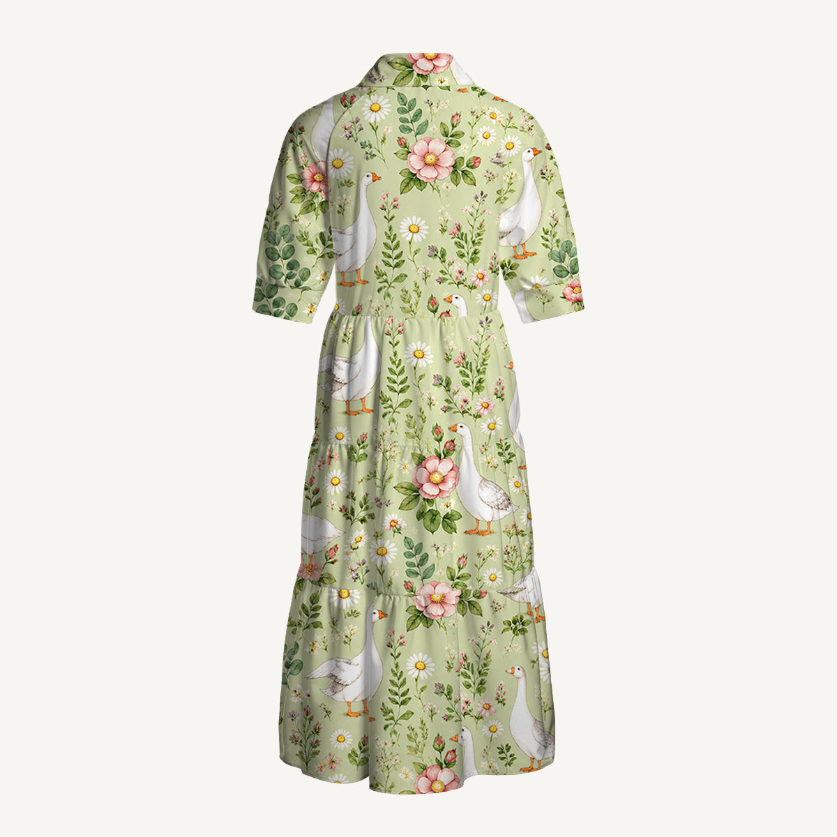 Pastoral Goose Garden Print Casual Midi Dress With Pockets