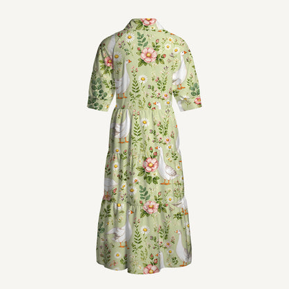 Pastoral Goose Garden Print Casual Midi Dress With Pockets