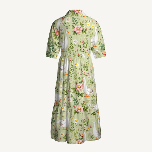 Pastoral Goose Garden Print Casual Midi Dress With Pockets