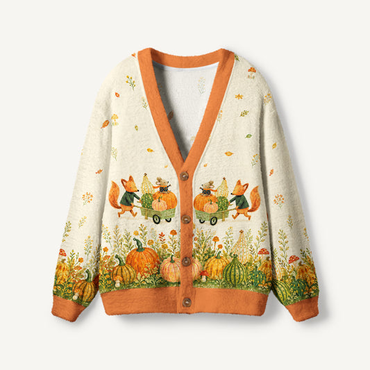 Fox & Pumpkin Harvest Print Ugly Cardigan Sweaters