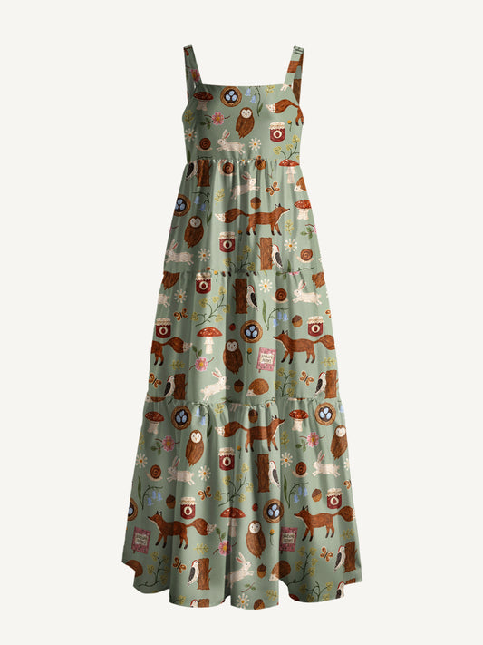 Woodland Nature Notes Print Wide Straps Maxi Dress With Pockets