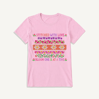 Floral Cross-Stitch Sampler Print Crew Neck Cotton Tee