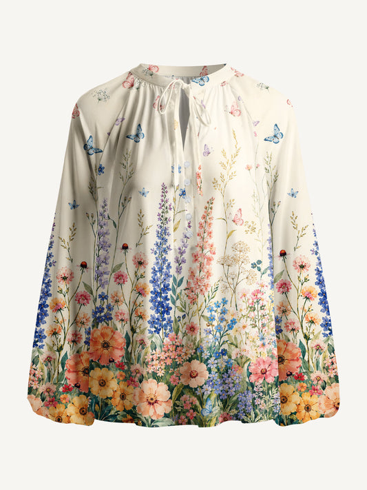 Morning Wildflower Path Print Boho Long Sleeve Tie‑Neck Blouse