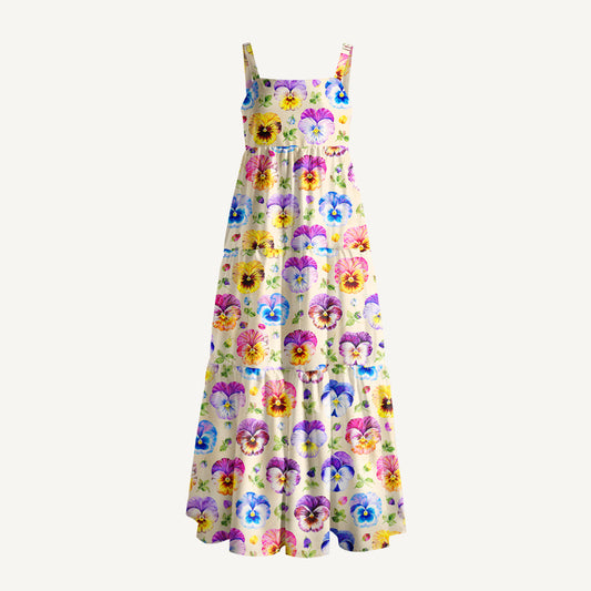 Vintage Watercolor Pansy Floral Pattern Print Wide Straps Maxi Dress With Pockets