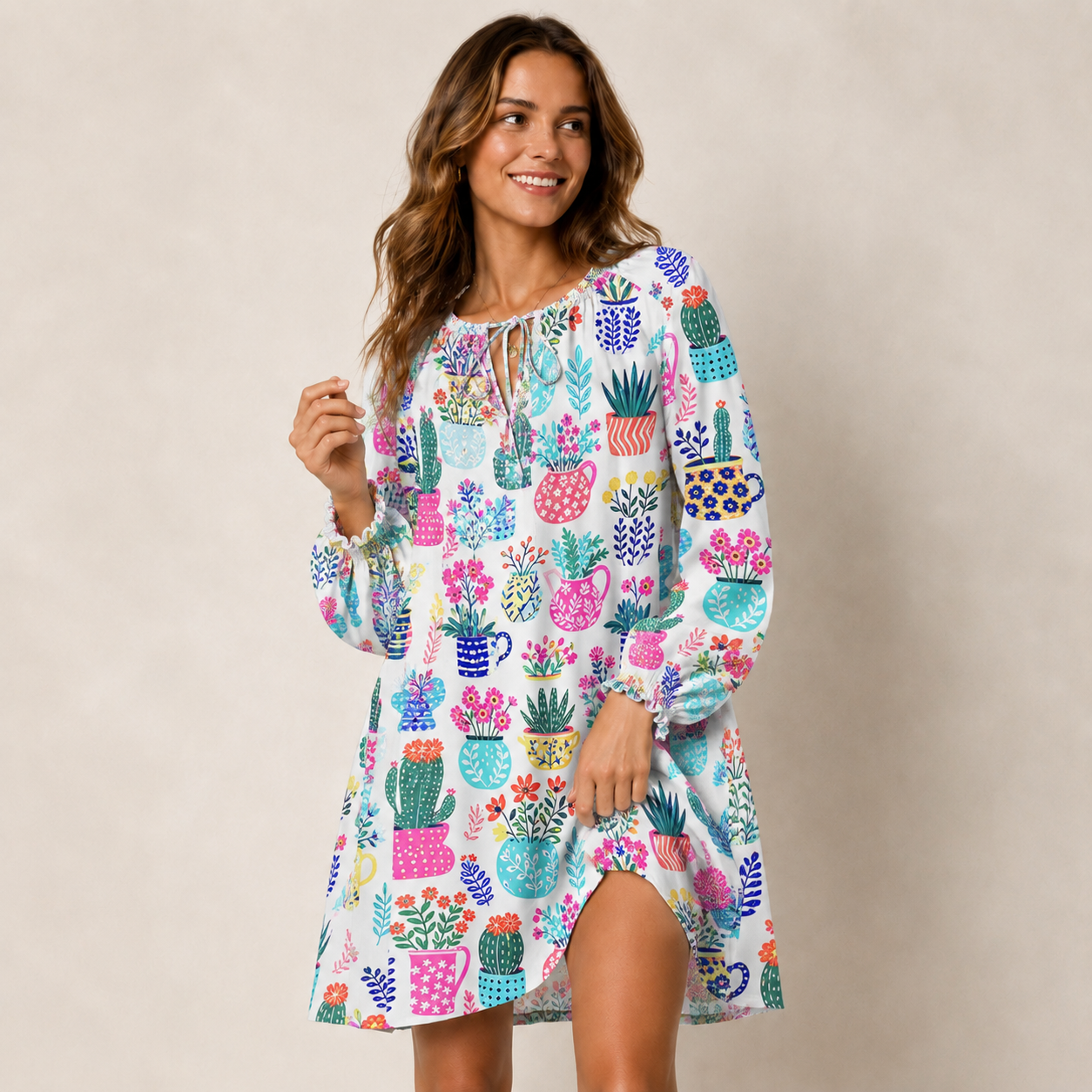 Cactus and Flowers Print Boho Tie‑Neck Smock Mini Dress
