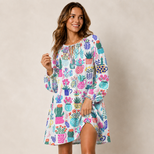 Cactus and Flowers Print Boho Tie‑Neck Smock Mini Dress