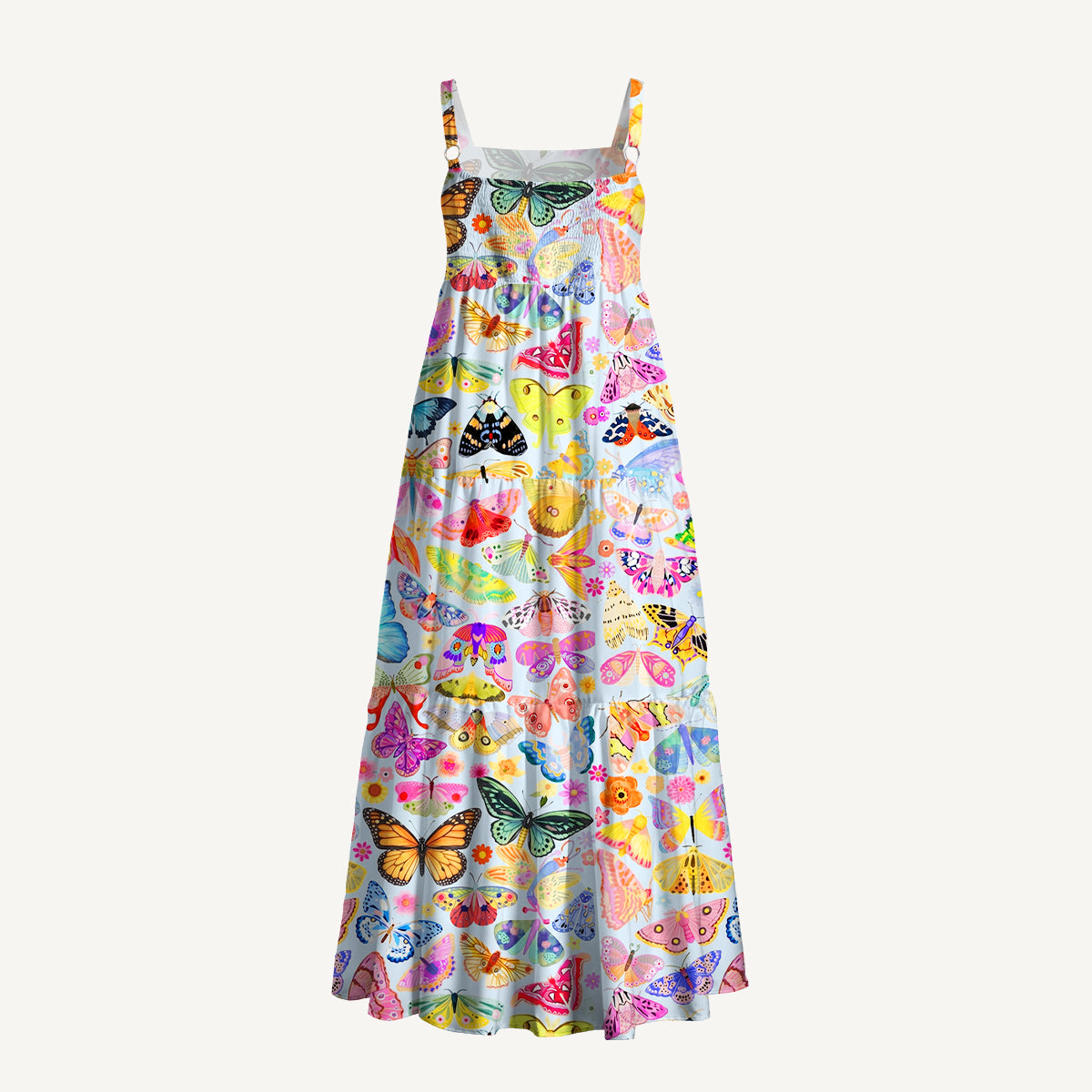 Colorful Butterfly Garden Print Wide Straps Maxi Dress With Pockets