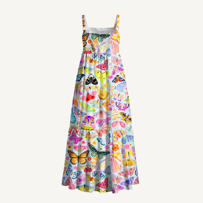 Colorful Butterfly Garden Print Wide Straps Maxi Dress With Pockets