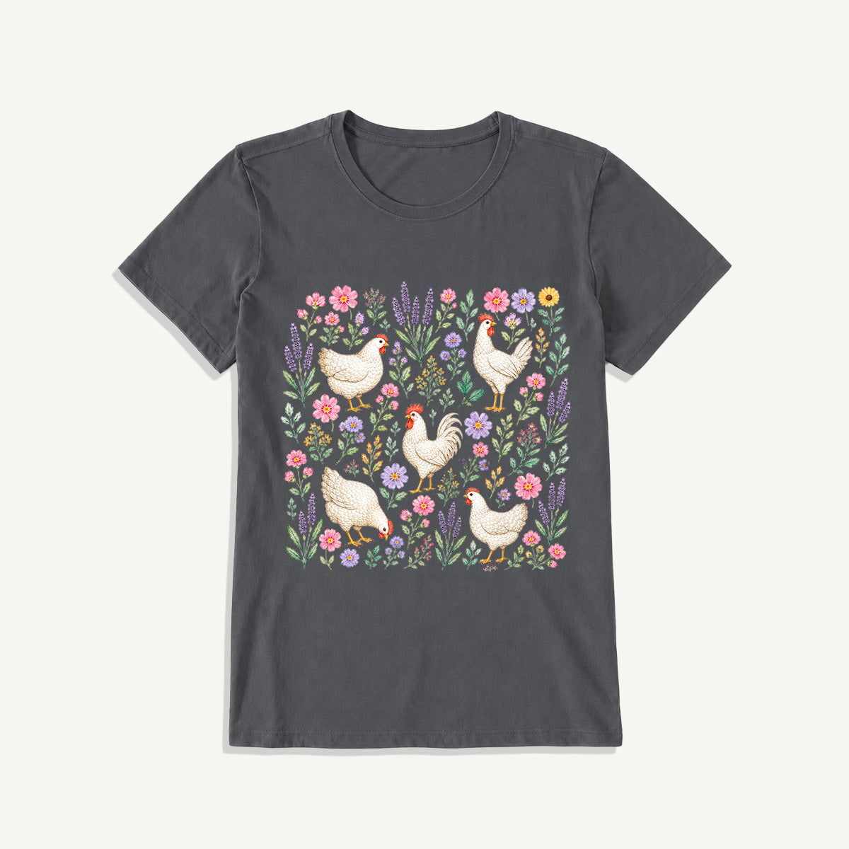 Blooming White Chicken Meadow Print Crew Neck Cotton Tee