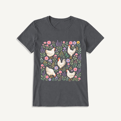 Blooming White Chicken Meadow Print Crew Neck Cotton Tee