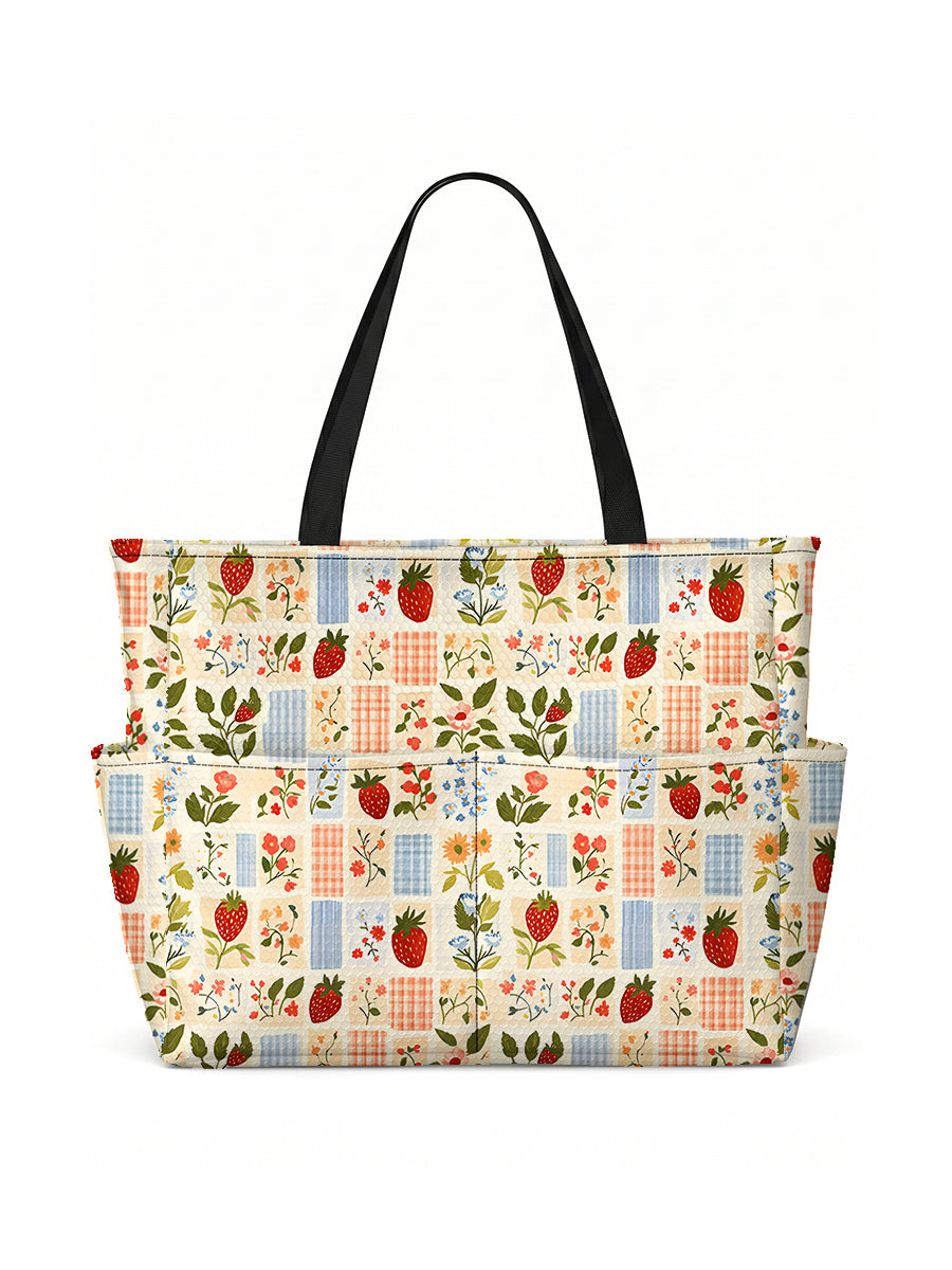 Strawberry Garden Patchwork Print Tote Bag