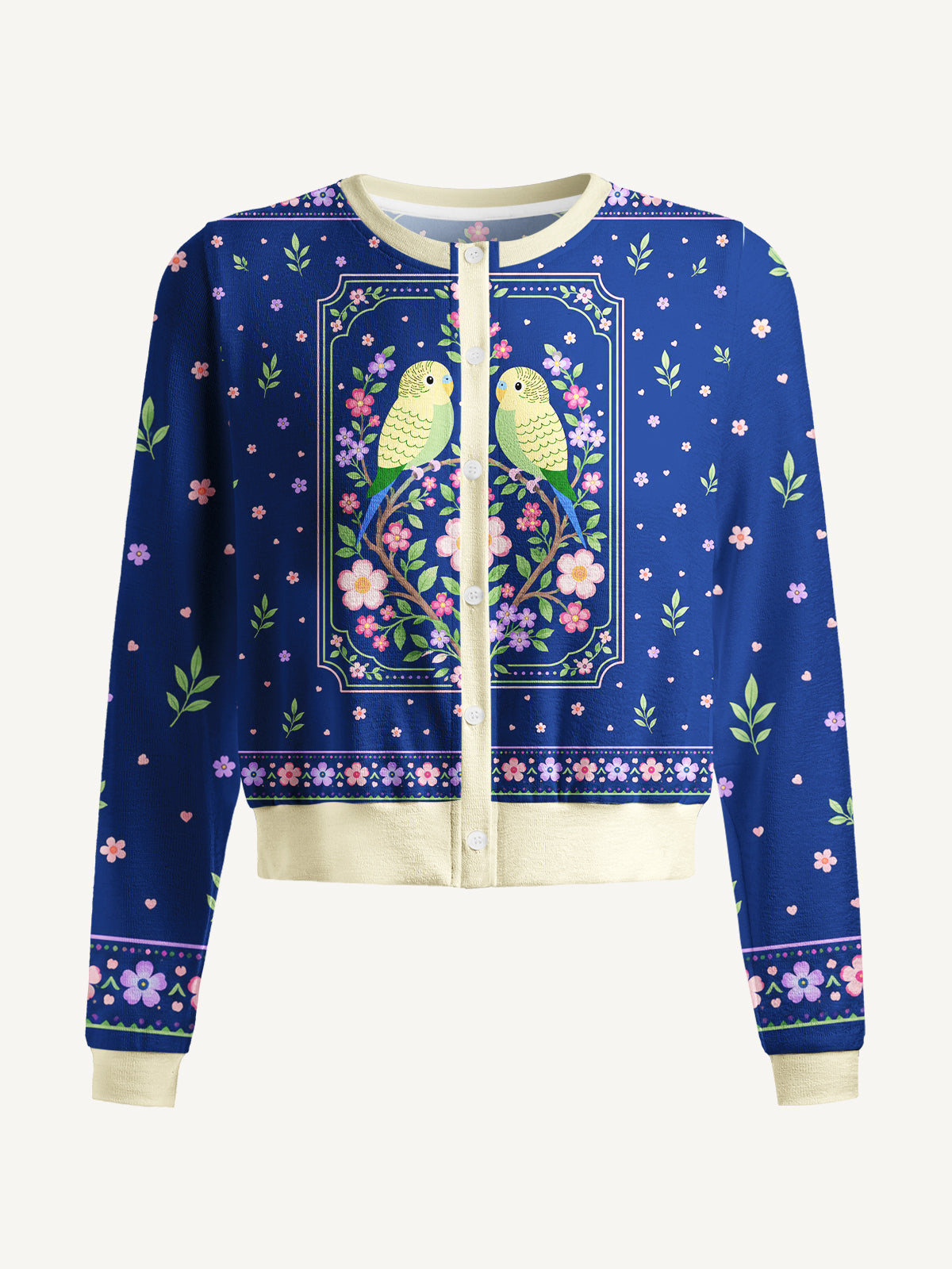 Lightweight Crew Neck Long‑Sleeve Cropped Midnight Garden Lovebirds Print Fine‑Knit Cardigan
