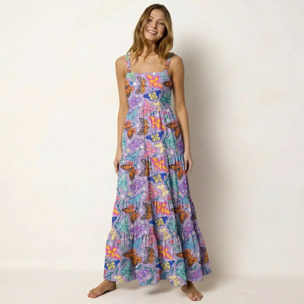 Enchanted Twilight Butterfly Garden Print Wide Straps Maxi Dress With Pockets