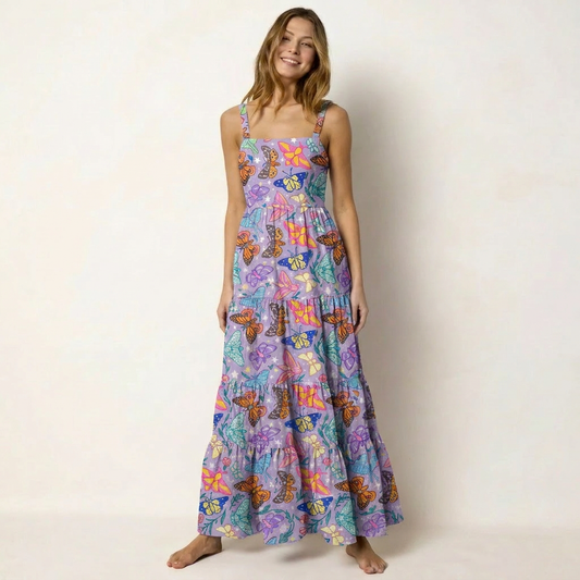 Enchanted Twilight Butterfly Garden Print Wide Straps Maxi Dress With Pockets