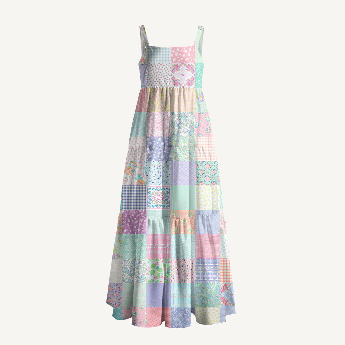 Vintage Quilt Patchwork Print Wide Straps Maxi Dress With Pockets