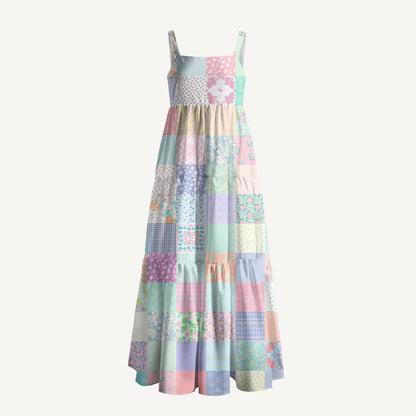 Vintage Quilt Patchwork Print Wide Straps Maxi Dress With Pockets