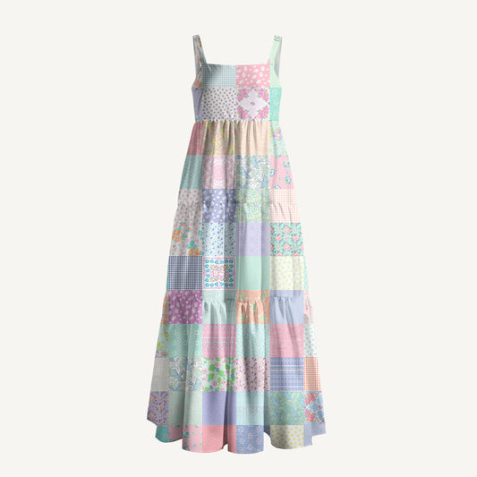 Vintage Quilt Patchwork Print Wide Straps Maxi Dress With Pockets
