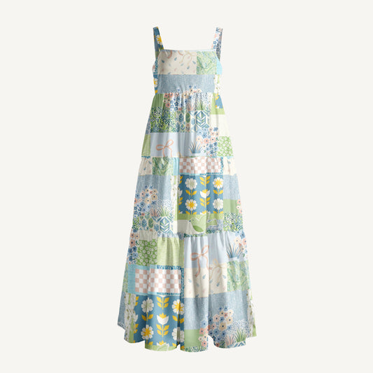 Blue Garden Quilt Print Wide Straps Maxi Dress With Pockets