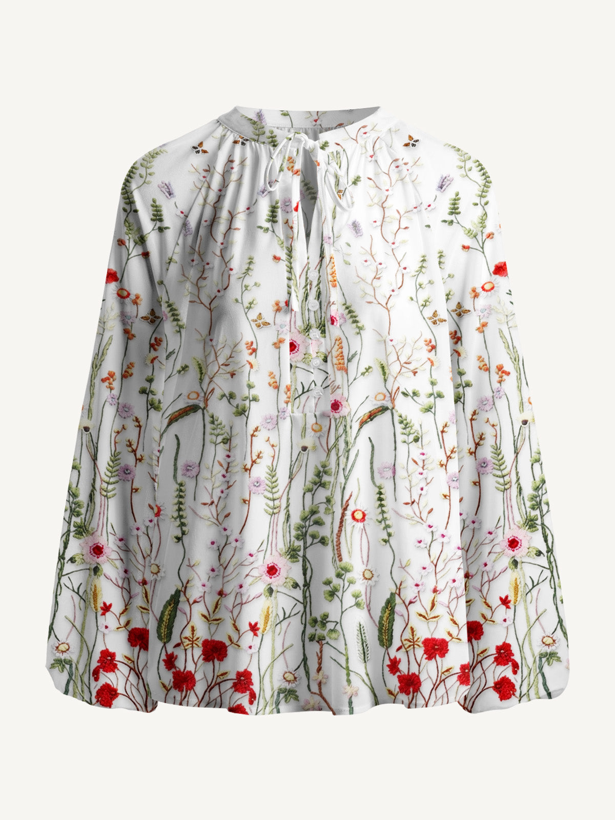 Misty Forest Wildflower Print Boho Long Sleeve Tie‑Neck Blouse