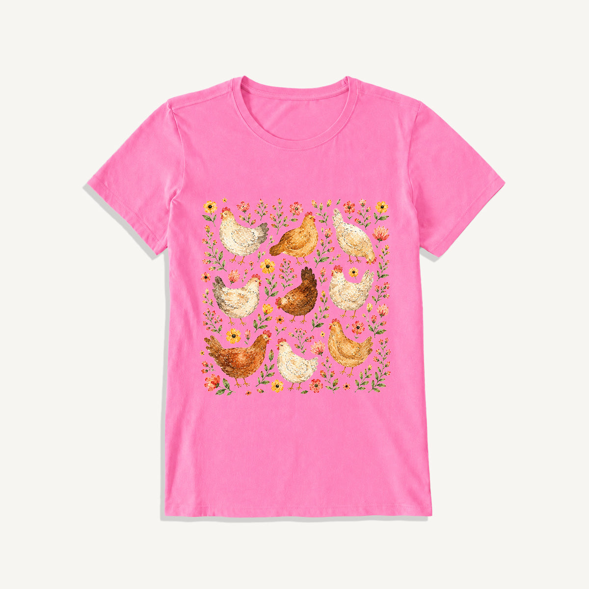 Country Chicken Wildflower Garden Print Crew Neck Cotton Tee