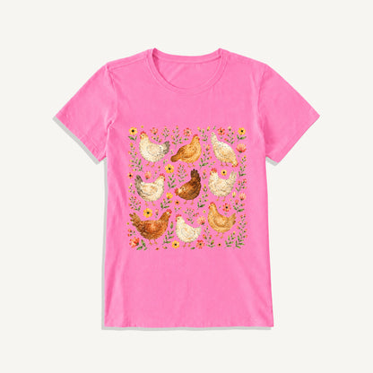 Country Chicken Wildflower Garden Print Crew Neck Cotton Tee
