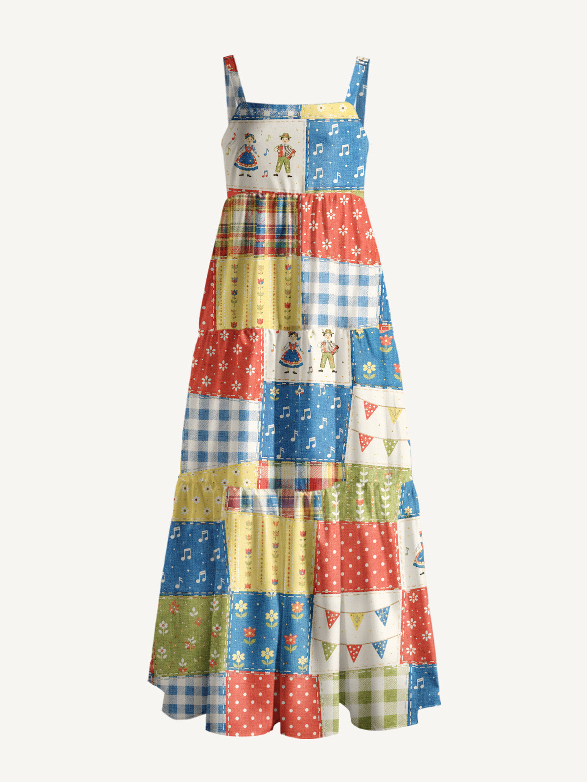 Vintage Folk Patchwork Print Wide Straps Maxi Dress With Pockets