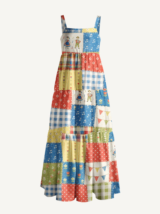 Vintage Folk Patchwork Print Wide Straps Maxi Dress With Pockets