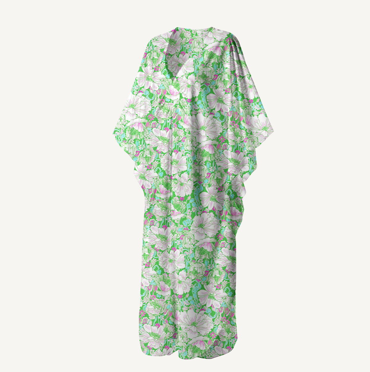 V‑Neck Mint Garden Kimono Sleeve Kaftan Dress