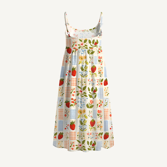 Strawberry Garden Patchwork Print Spaghetti Strap Mini Dress