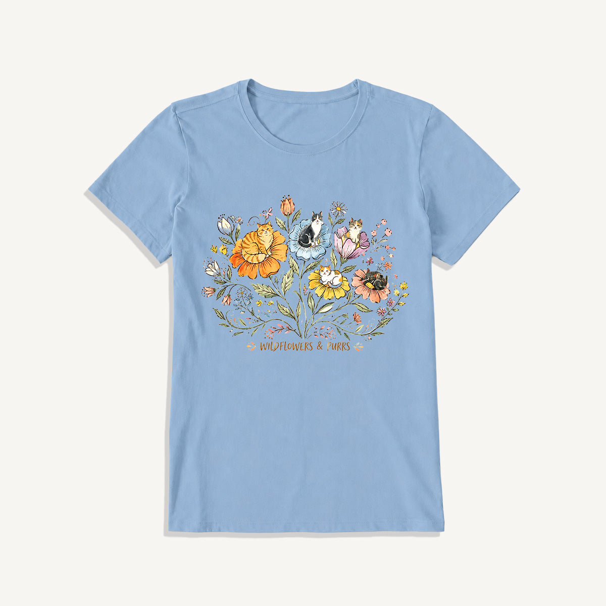 Wildflowers And Purrs Bloom Print Crew Neck Cotton Tee