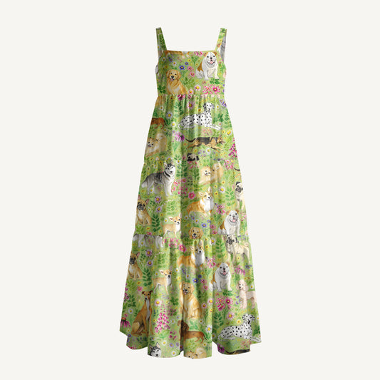 Watercolor Dog and Wildflower Pattern Print Wide Straps Maxi Dress With Pockets