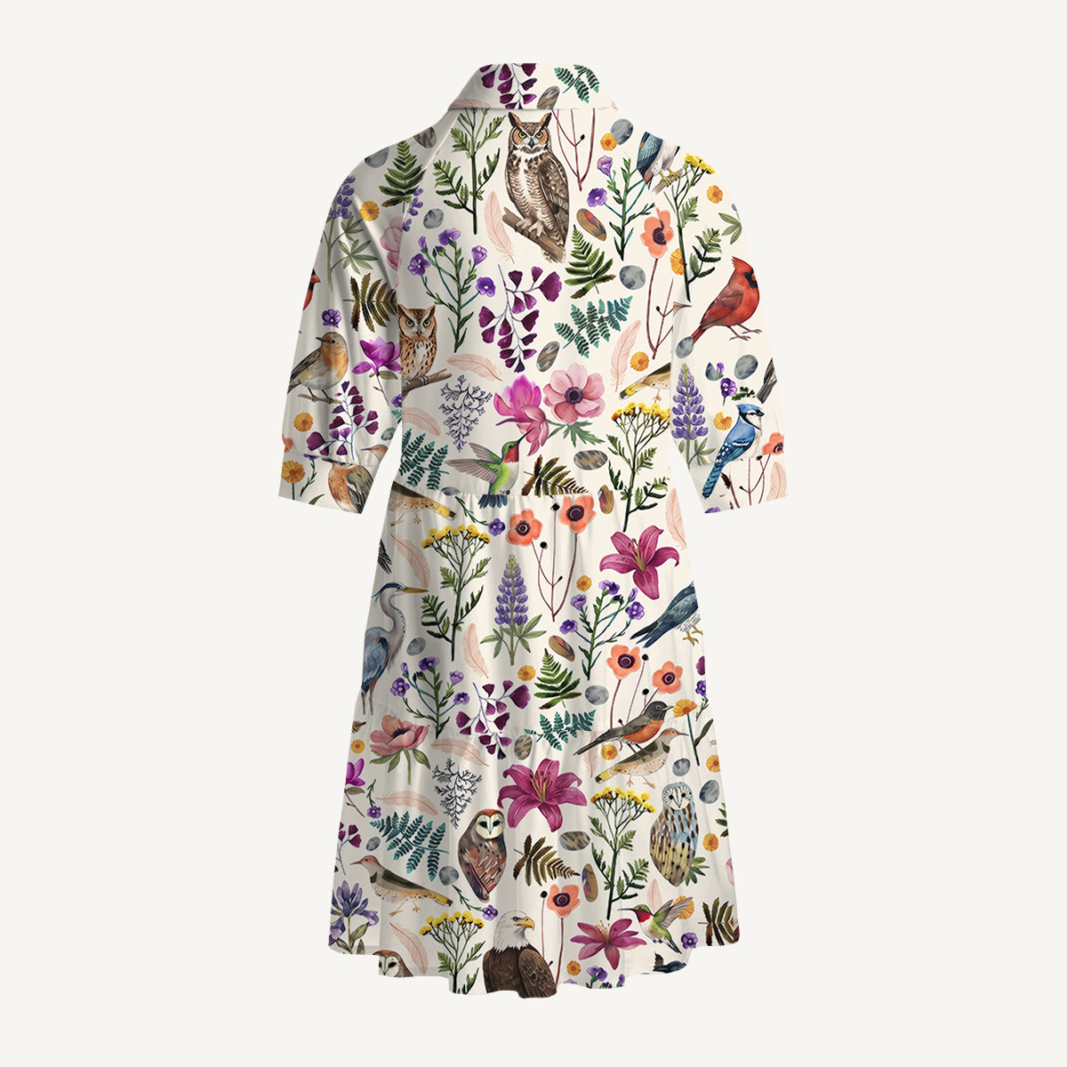 V Neck Collared Whimsical Woodland Birds Wildflowers Print Mini Dress For Women With Pockets