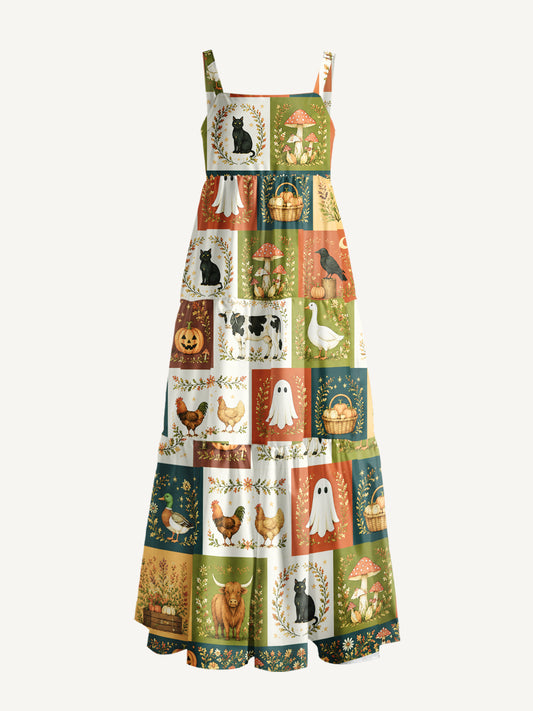 Pumpkin Farm Halloween Patchwork Print Wide Straps Maxi Dress With Pockets