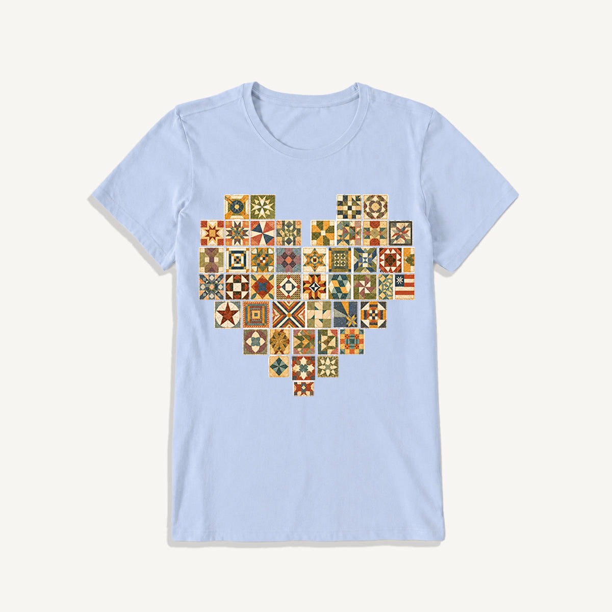 Vintage Quilt Block Heart Print Crew Neck Cotton Tee