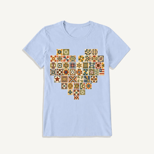 Vintage Quilt Block Heart Print Crew Neck Cotton Tee