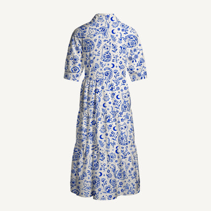 V Neck Collared Delft Blue Bloom Cat Dream Print Casual Midi Dress With Pockets