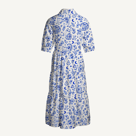 V Neck Collared Delft Blue Bloom Cat Dream Print Casual Midi Dress With Pockets