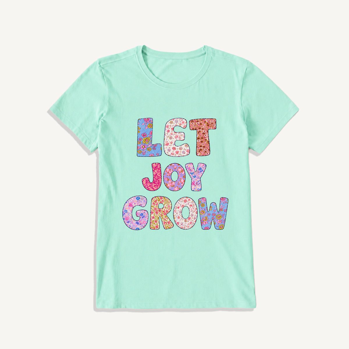 Let Joy Grow Floral Letters Print Crew Neck Cotton Tee