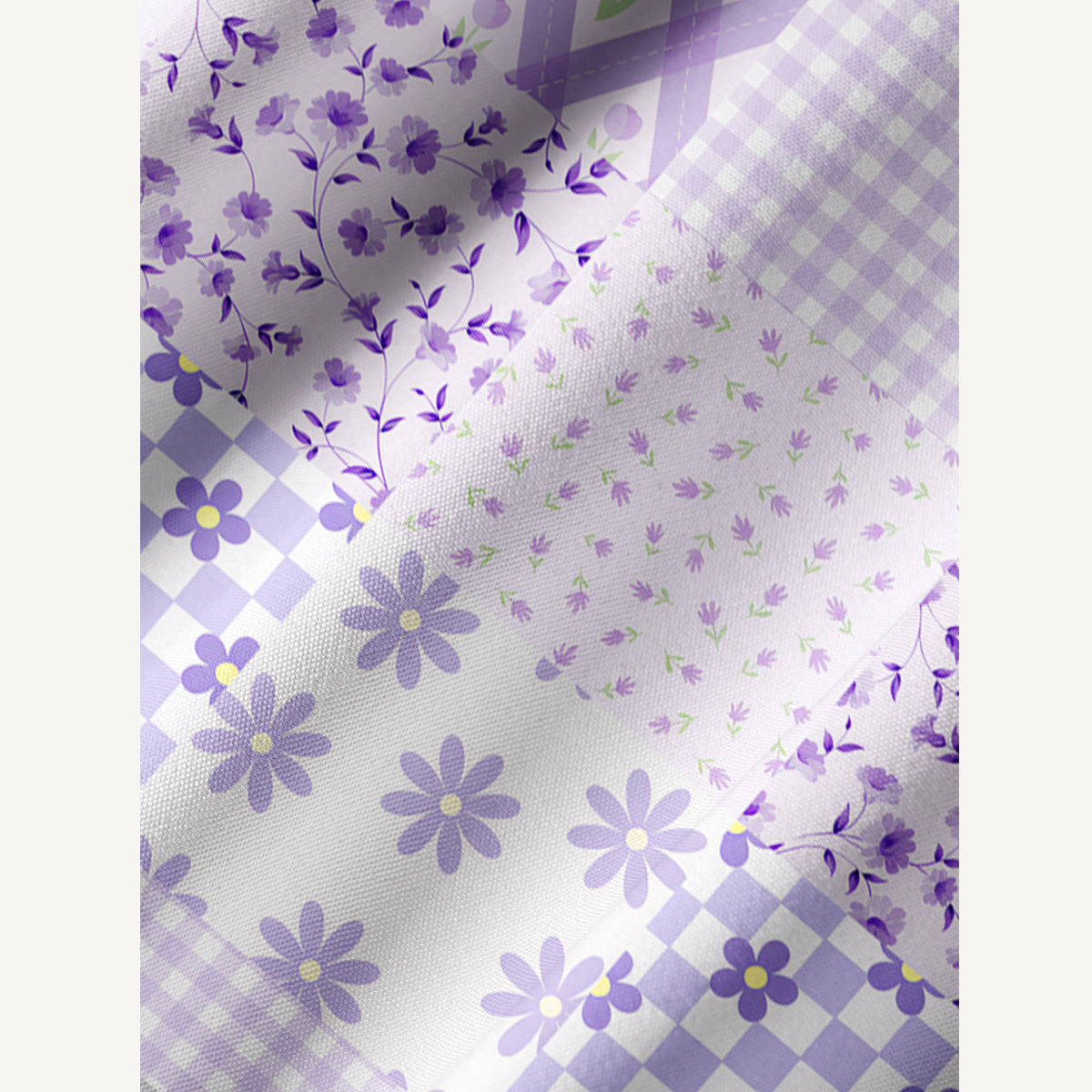 Lavender Daisy & Gingham Print Boho Tie‑Neck Smock Mini Dress