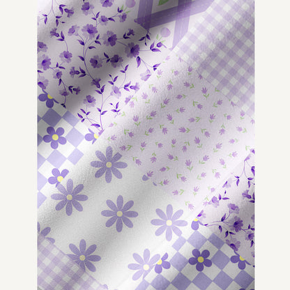 Lavender Daisy & Gingham Print Boho Tie‑Neck Smock Mini Dress