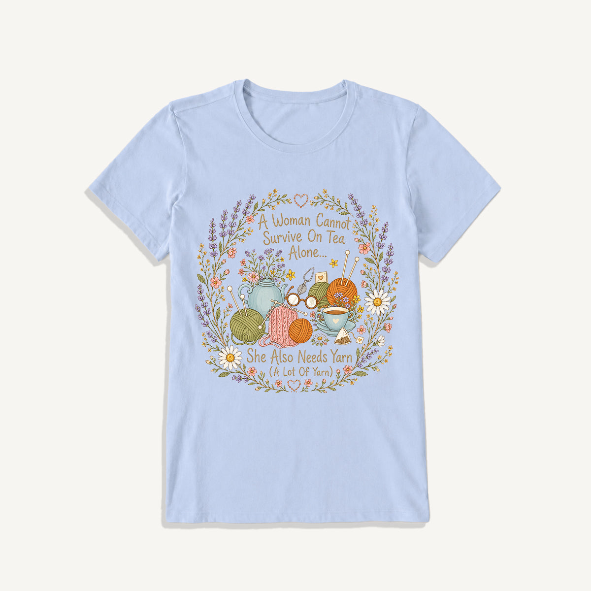 Vintage Floral Knitting Circle Print Crew Neck Cotton Tee