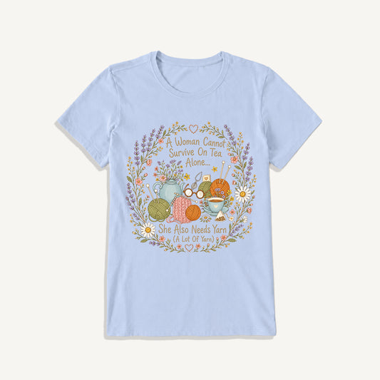 Vintage Floral Knitting Circle Print Crew Neck Cotton Tee
