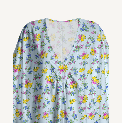 V‑Neck Blue Meadow Kimono Sleeve Kaftan Dress