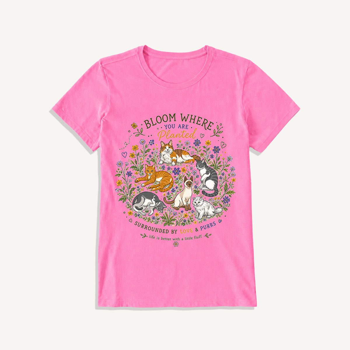 Blooming Cats & Wildflowers Print Crew Neck Cotton Tee