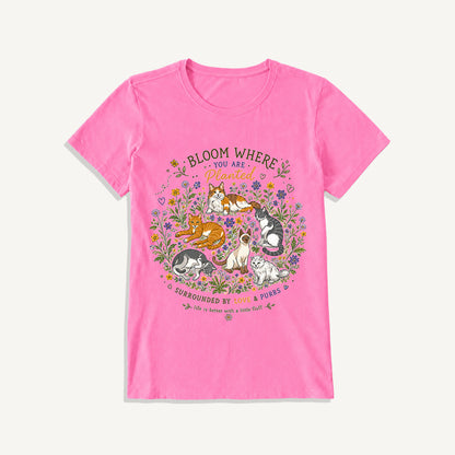 Blooming Cats & Wildflowers Print Crew Neck Cotton Tee