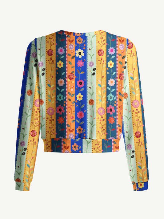 Lightweight Crew Neck Long‑Sleeve Cropped Rainbow Garden Colorblock Print Fine‑Knit Cardigan