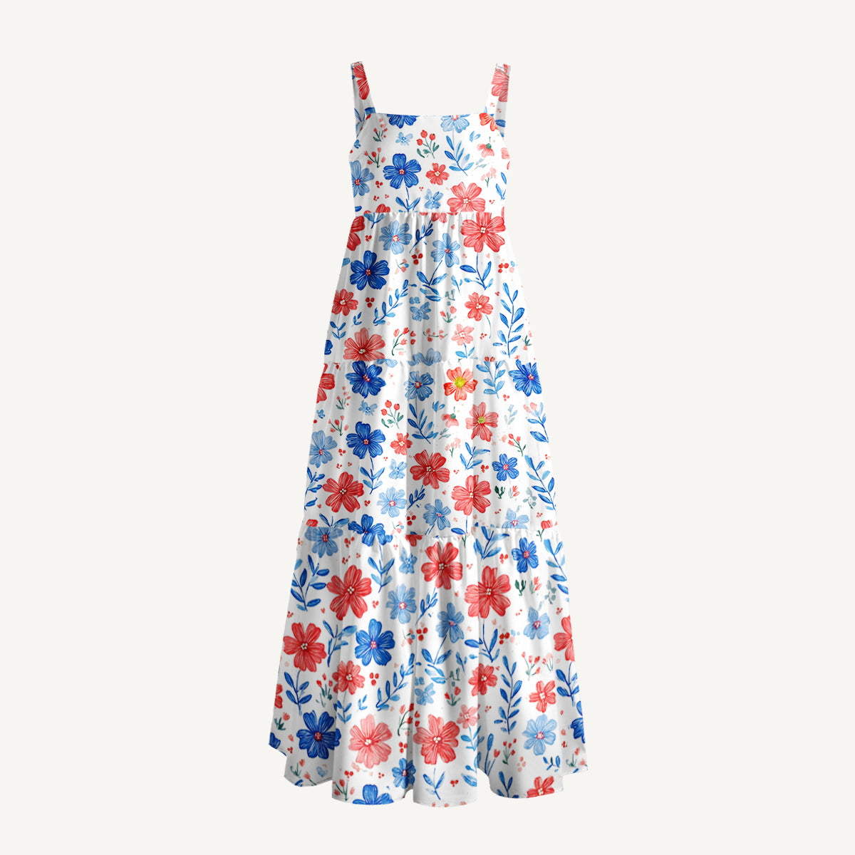 Patriotic 4th of July Flowers Print Wide Straps Maxi Dress With Pockets