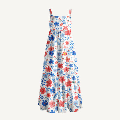 Patriotic 4th of July Flowers Print Wide Straps Maxi Dress With Pockets